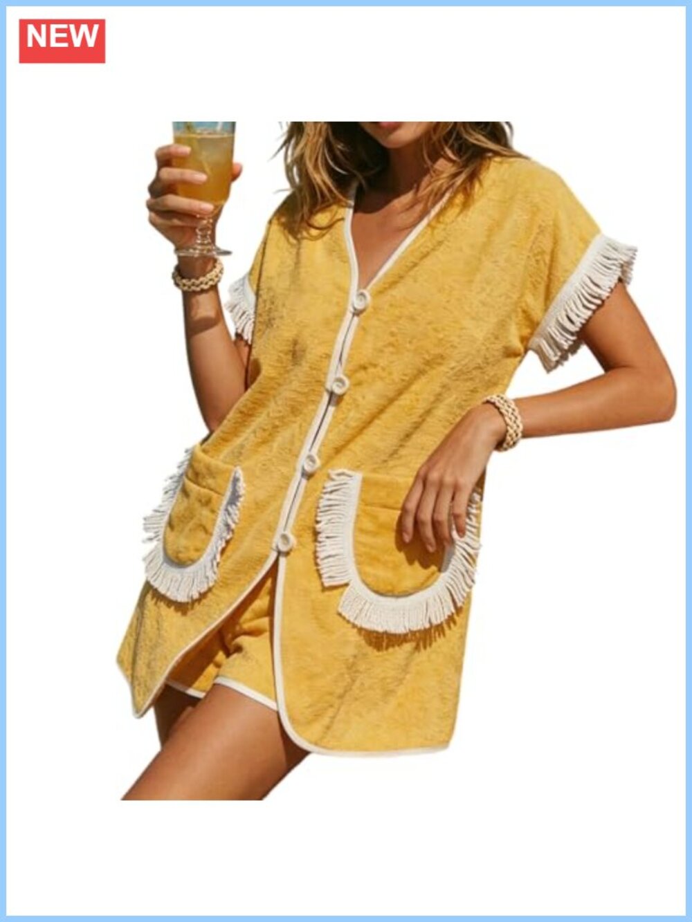 2 Piece Terry Cloth Lounge Set Fringe Trim V Neck Top Shorts Pockets